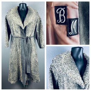 Vintage 60s Creaciones y Pieles Finas Gray Curly Goat w Suede Trim & Waist Tie